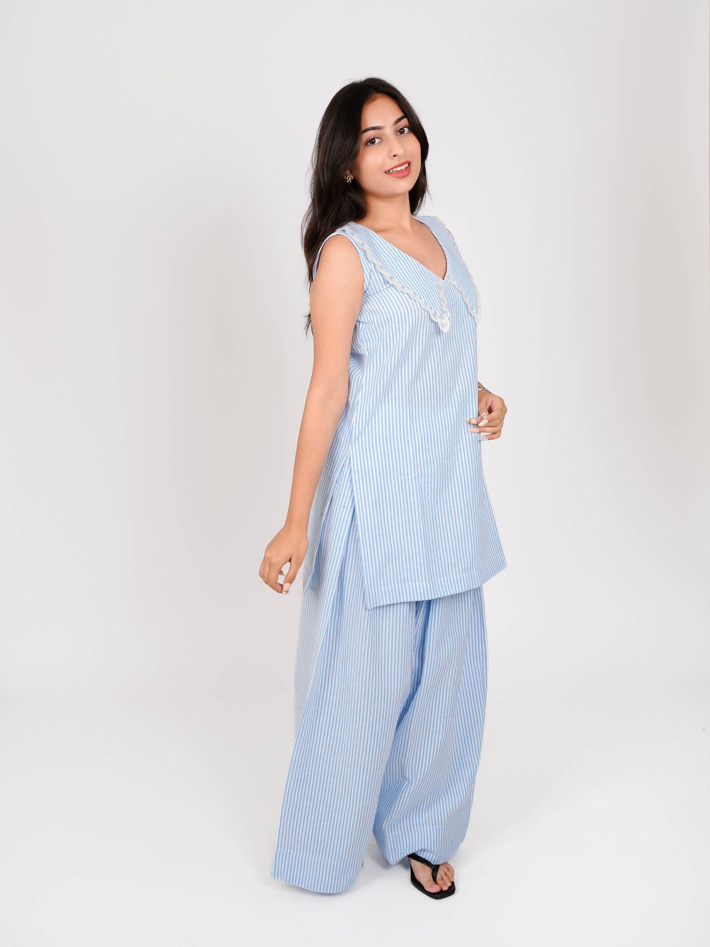 MONOMEE YENAVI BLUE STRIPE LACE PETER PAN COLLAR FARSHI SALWAR SET