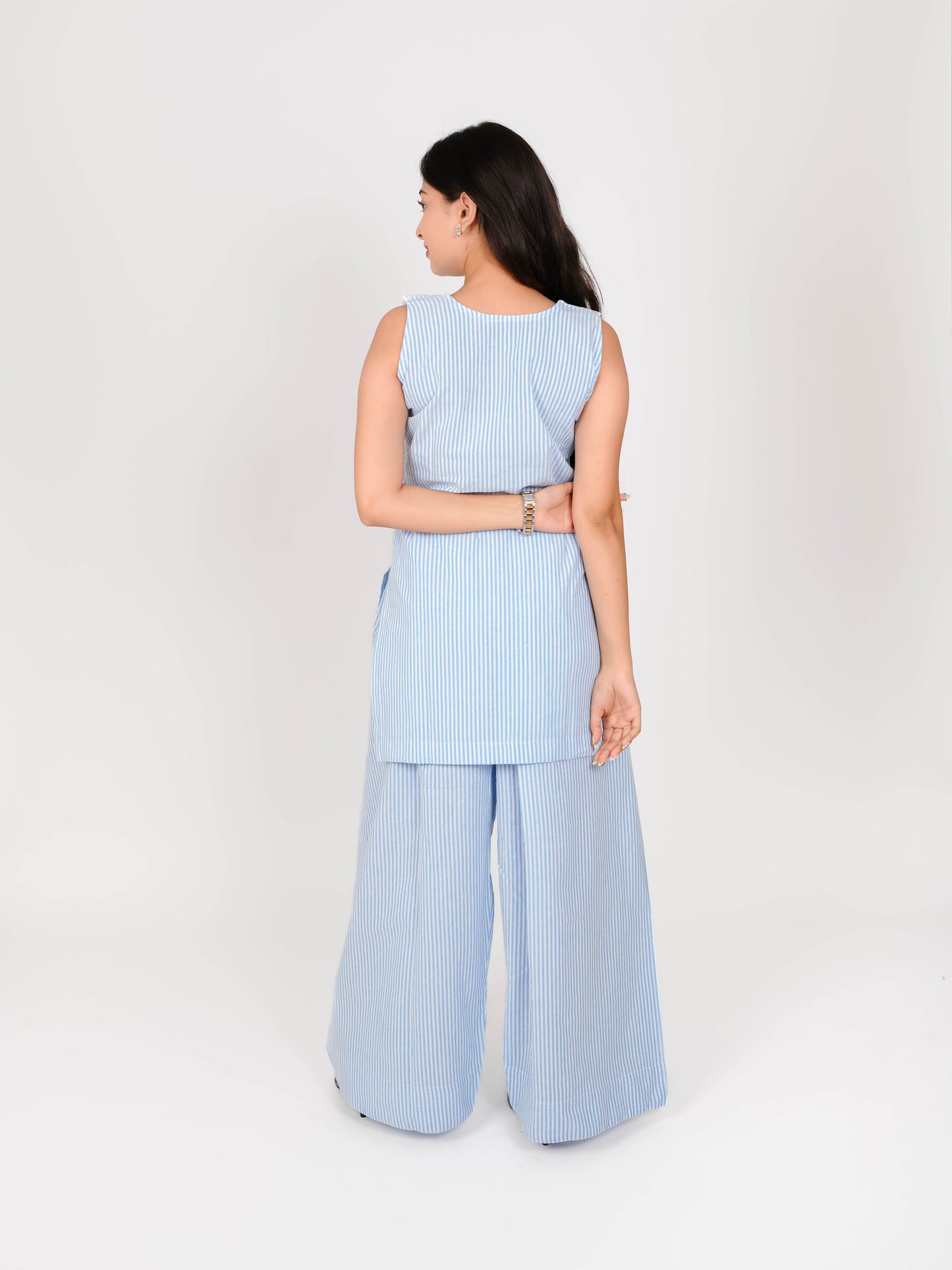 MONOMEE YENAVI BLUE STRIPE LACE PETER PAN COLLAR FARSHI SALWAR SET