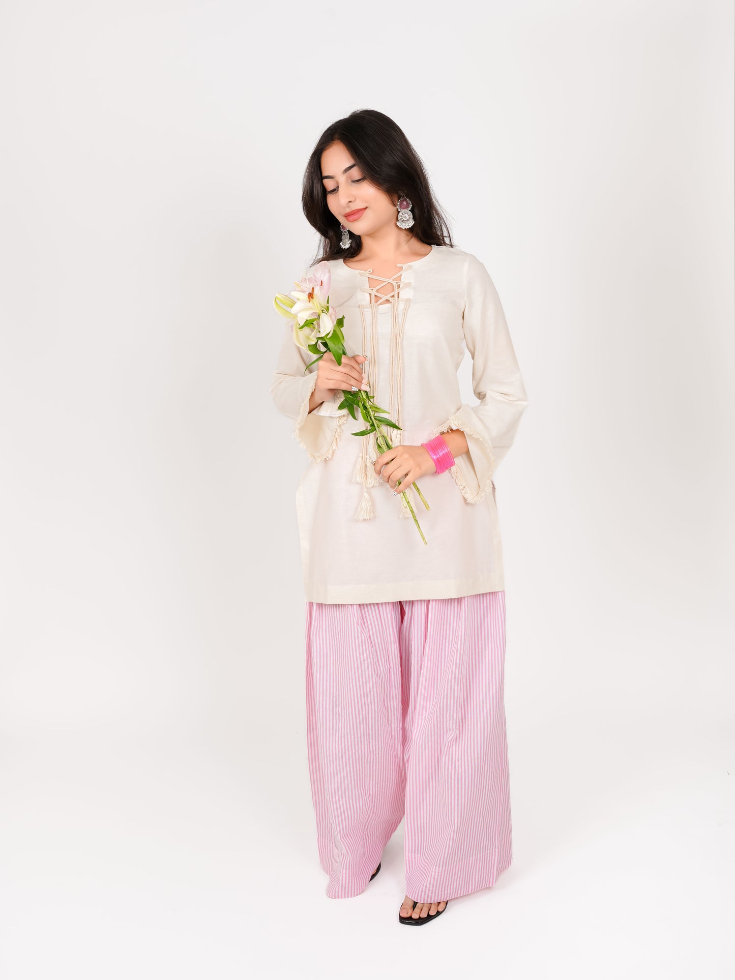 MONOMEE PARNIKA OFF-WHITE DORI NECK PINK STRIPE FARSHI SALWAR SET