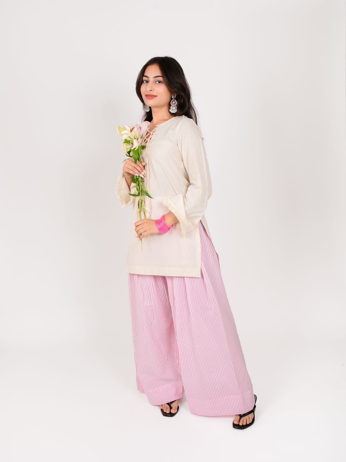 MONOMEE PARNIKA OFF-WHITE DORI NECK PINK STRIPE FARSHI SALWAR SET