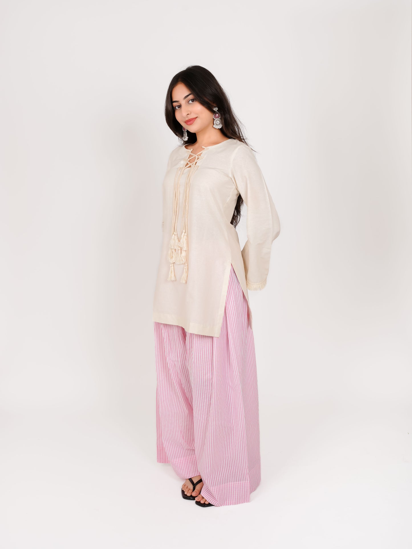 MONOMEE PARNIKA OFF-WHITE DORI NECK PINK STRIPE FARSHI SALWAR SET