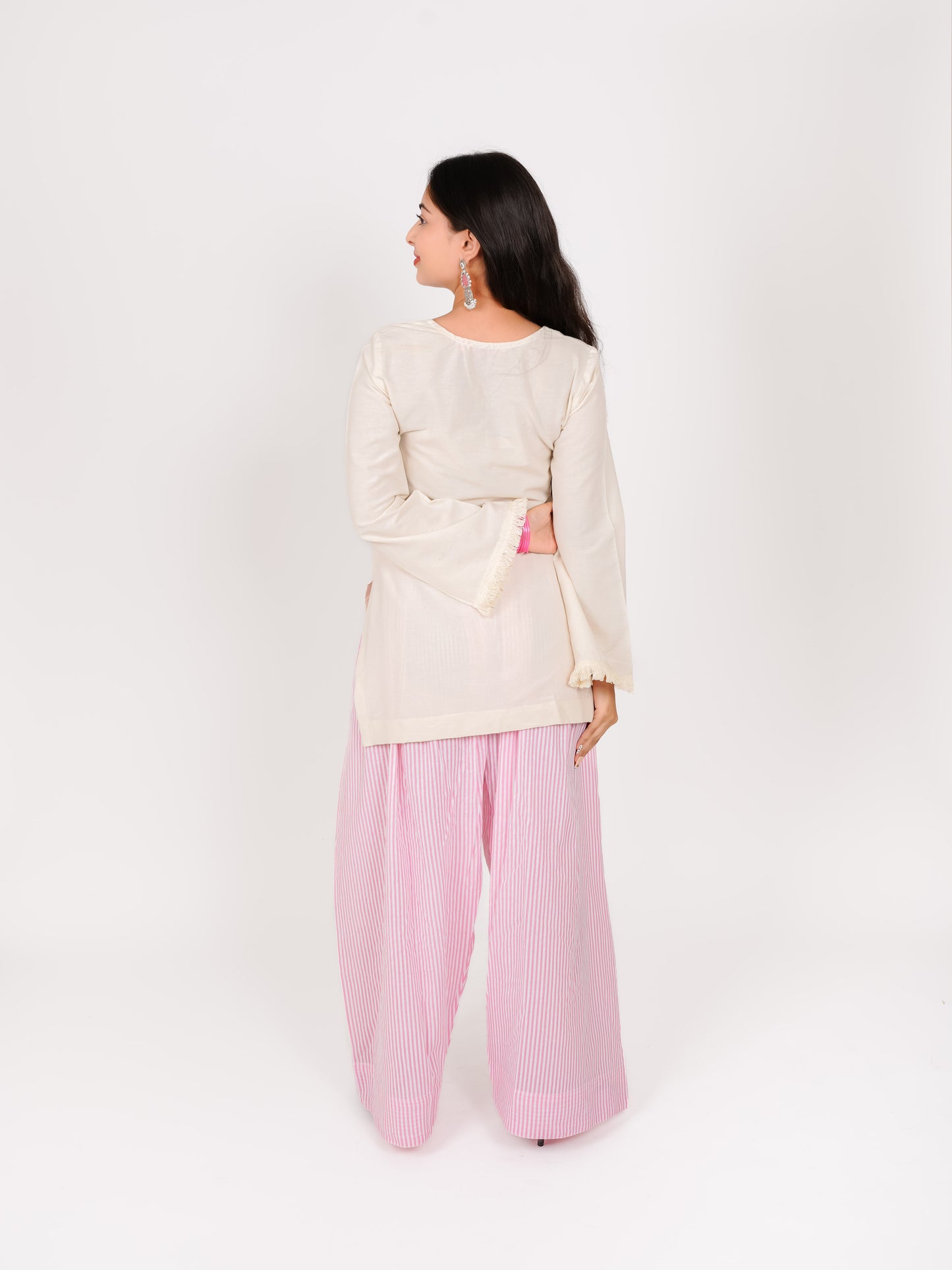 MONOMEE PARNIKA OFF-WHITE DORI NECK PINK STRIPE FARSHI SALWAR SET