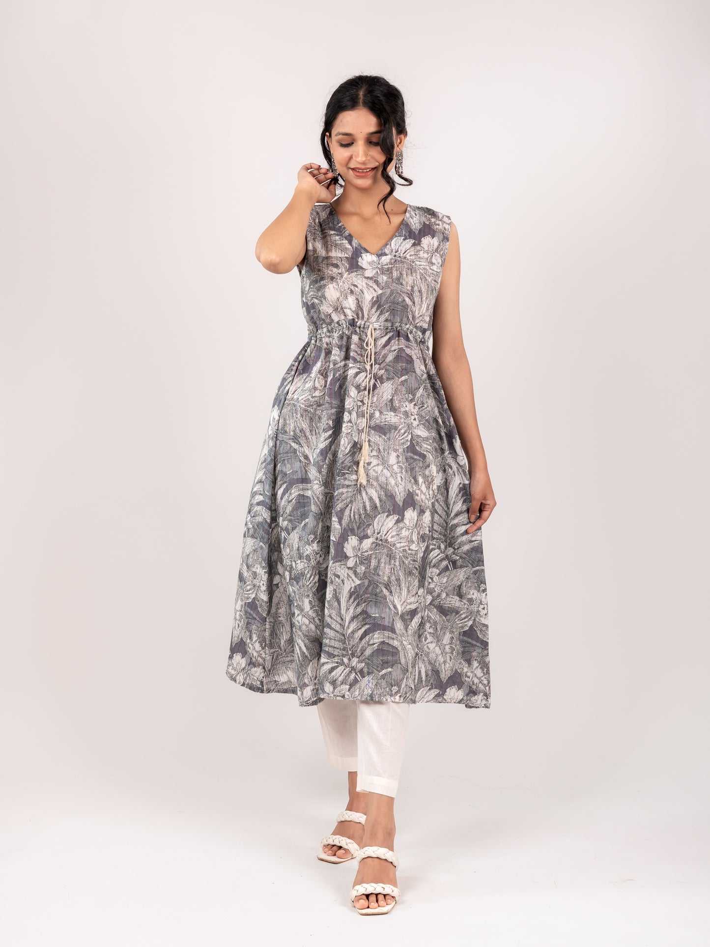 ADITI GREY A-LINE KANTHA KURTI