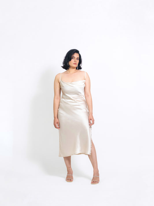 HELEN SATIN SLIP DRESS with FUR CAPE